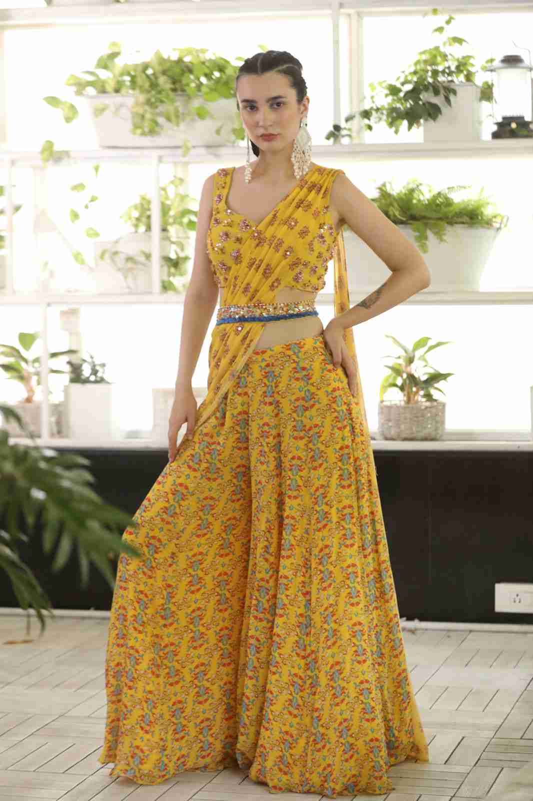 Yellow Printed Hand Embroidered Choli And Sharara Set