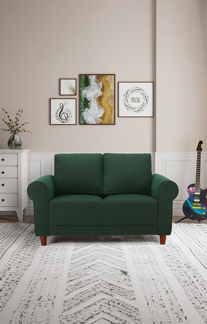 neudot Melody Sofa for Living Room |2 Persons Sofa|Premium Fabric with Padded Cushioned Armrest |Solid Wood Frame|2 Seater in Castle Green Color