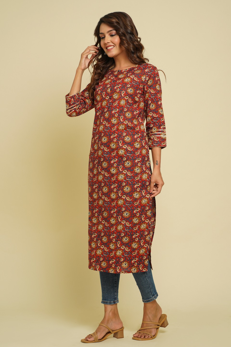 Women Red & Mustard Yellow Floral Printed Pure Cotton Kurta