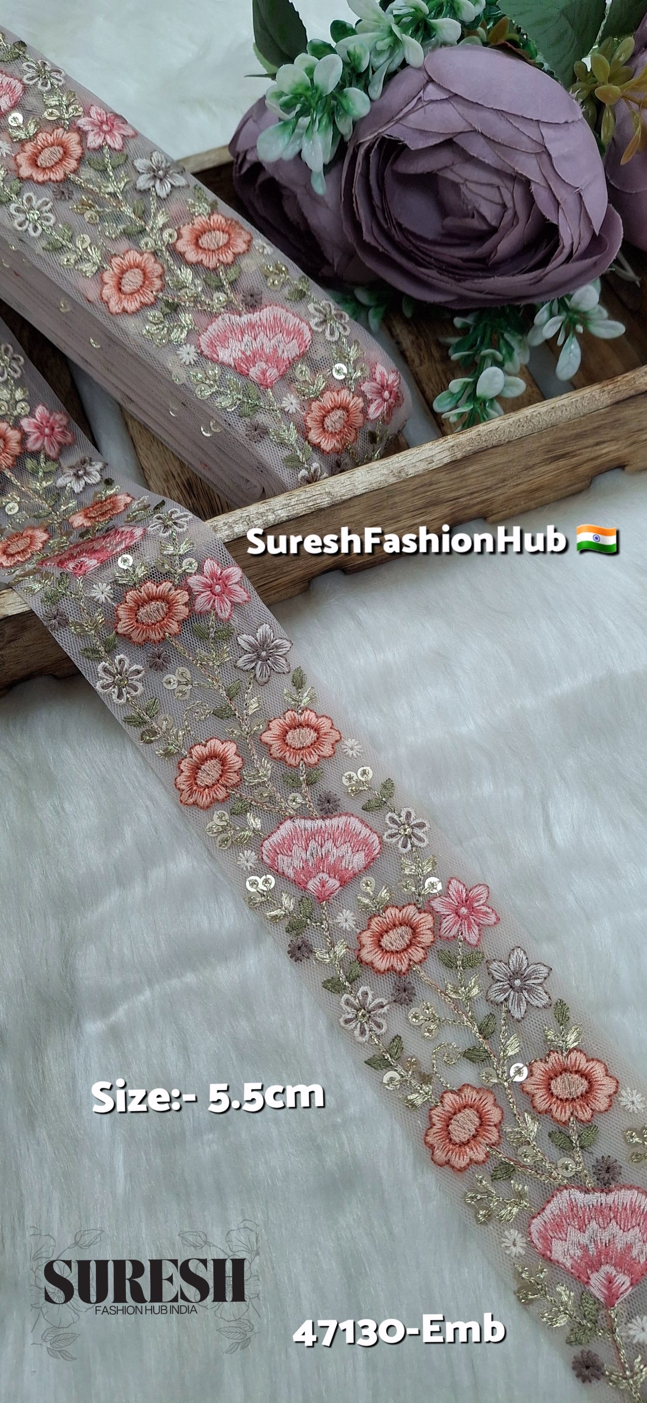 Peach Net Multi-Thread Floral Embroidery Lace