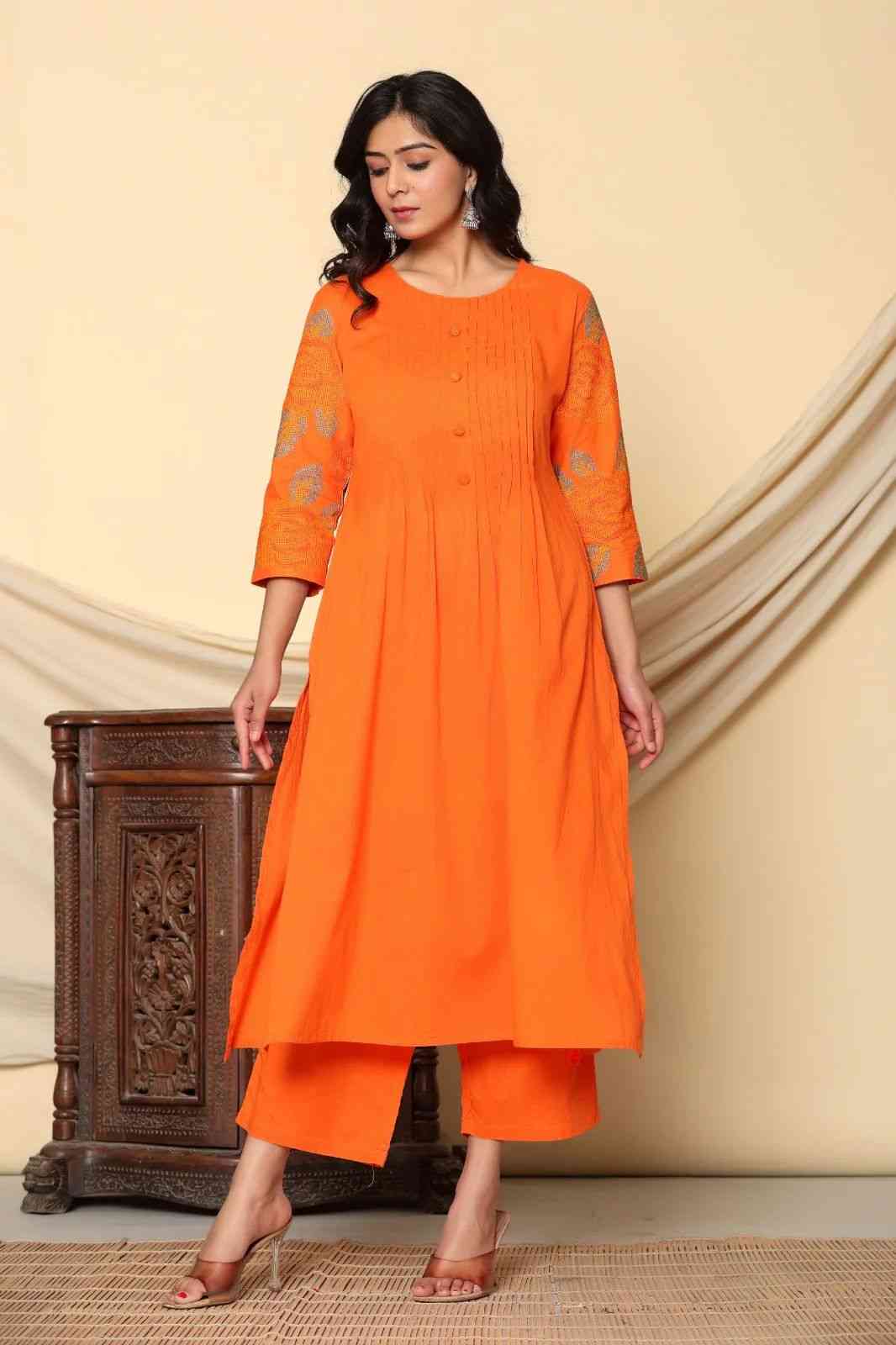 Orange Embroidered Kurta Set