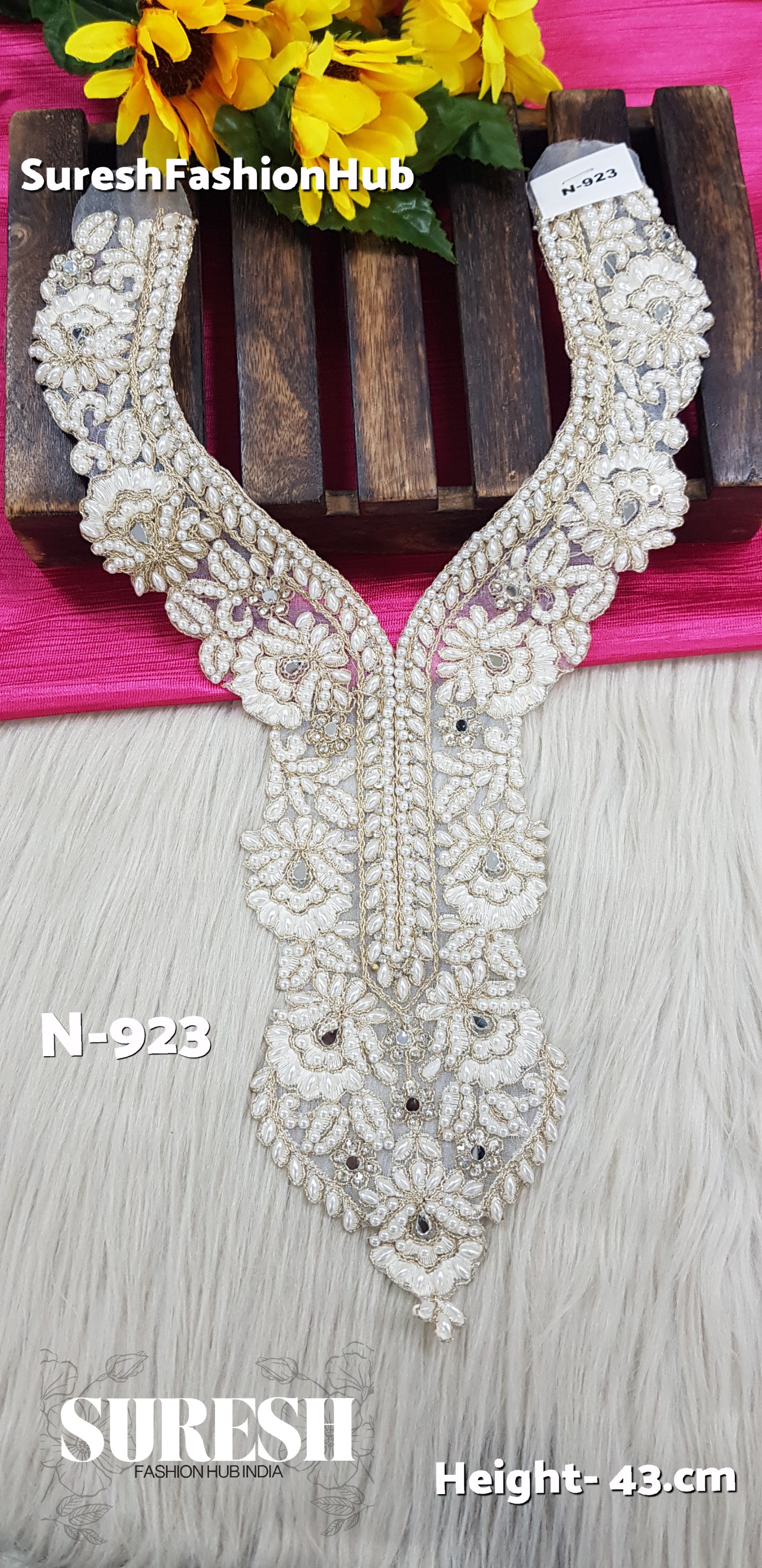 N-923 Off White Pearl Floral Organza Neck Design