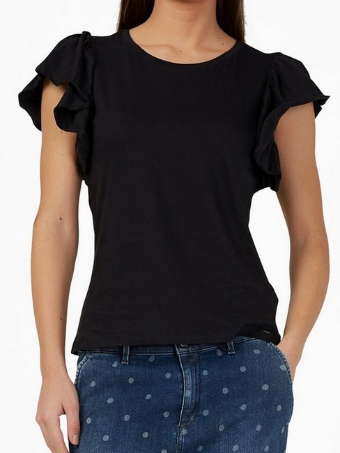 Round Neck Cotton T-shirt with Ruffled Sleeves