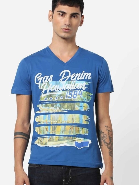 Slim Fit Graphic Print V-neck Cotton T-shirt