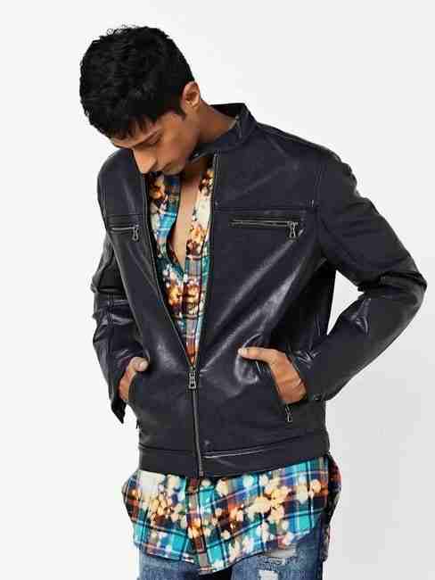 GAS | Slim Fit Biker Jacket with Band Collar