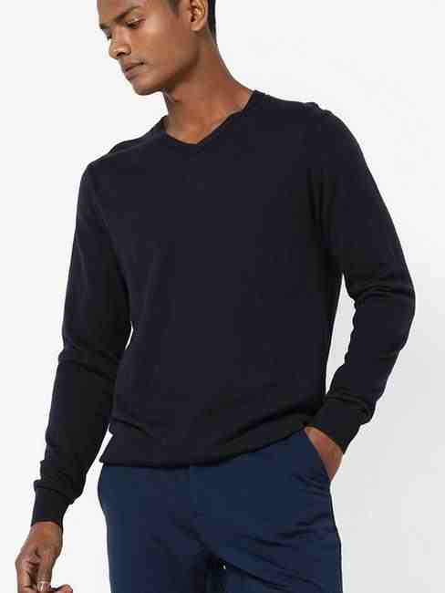 GAS | Men's Jonnye solid V neck navy blue pullover