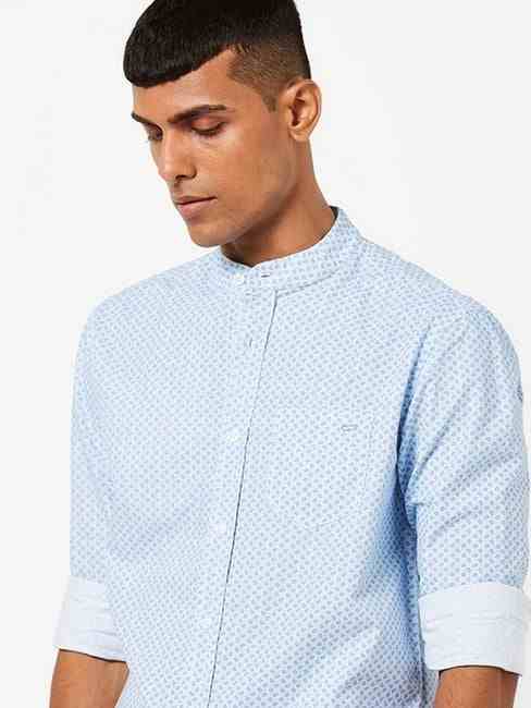 GAS | Placement Print Slim Fit Cotton Shirt with Band Collar