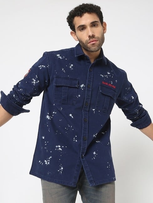 GAS | Dario Splatter Regular Fit Blue Cotton Shirt