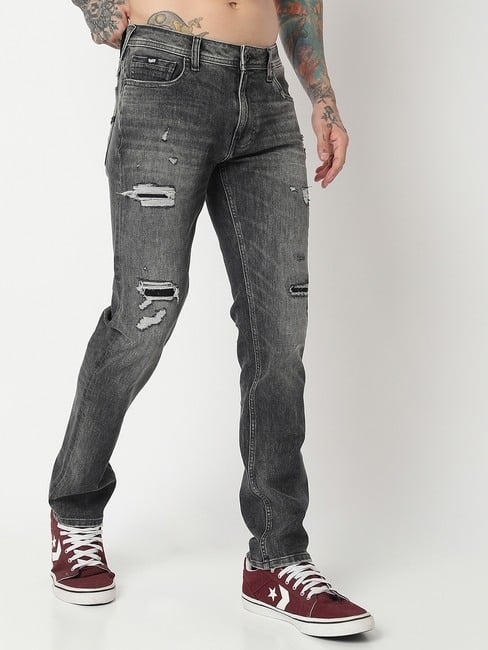 Lightly Washed Slim Fit Distressed Jeans