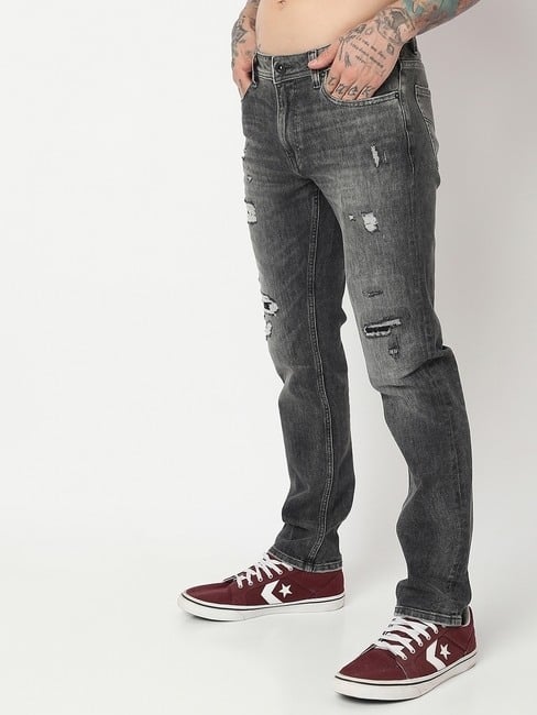Lightly Washed Slim Fit Distressed Jeans