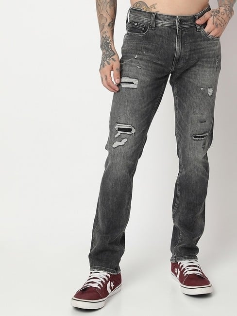 Lightly Washed Slim Fit Distressed Jeans