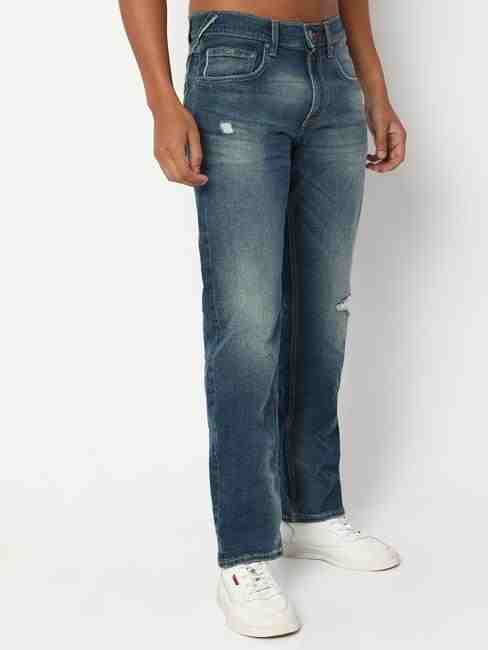 Jaxonzin Mid-Wash Straight Fit Distressed Jeans