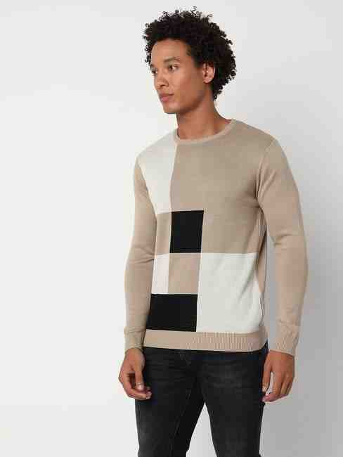 GAS | Regular Fit Full Sleeve Rib Neck Colourblock Cotton Sweater