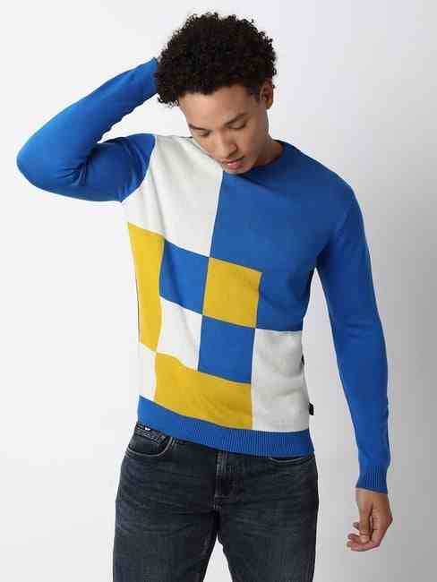 GAS | Regular Fit Full Sleeve Rib Neck Colourblock Cotton Sweater