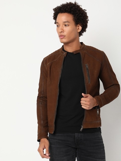 GAS | Regular Fit Full Sleeve Mandarin Collar Solid Leather Jacket
