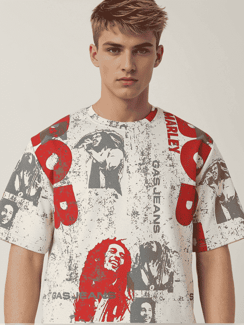 Bob Marley All Over Printed Boxy Fit Round Neck T-shirt