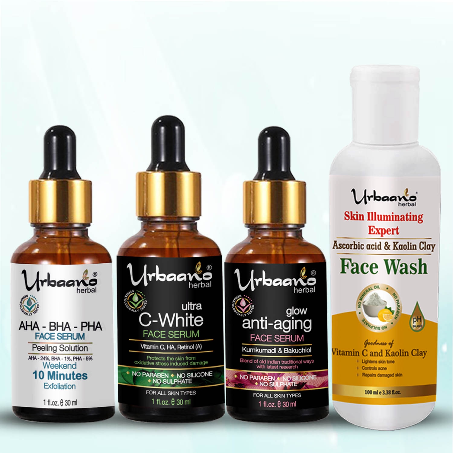 Urbaano Herbal | Urbaano Herbal Ultra White Vitamin C Face Serum, AHA BHA Peeling Solution, Kumkumadi Tailam & Vitamin C Face Wash -190ml-Pocket Friendly Combo Pack of 4 0