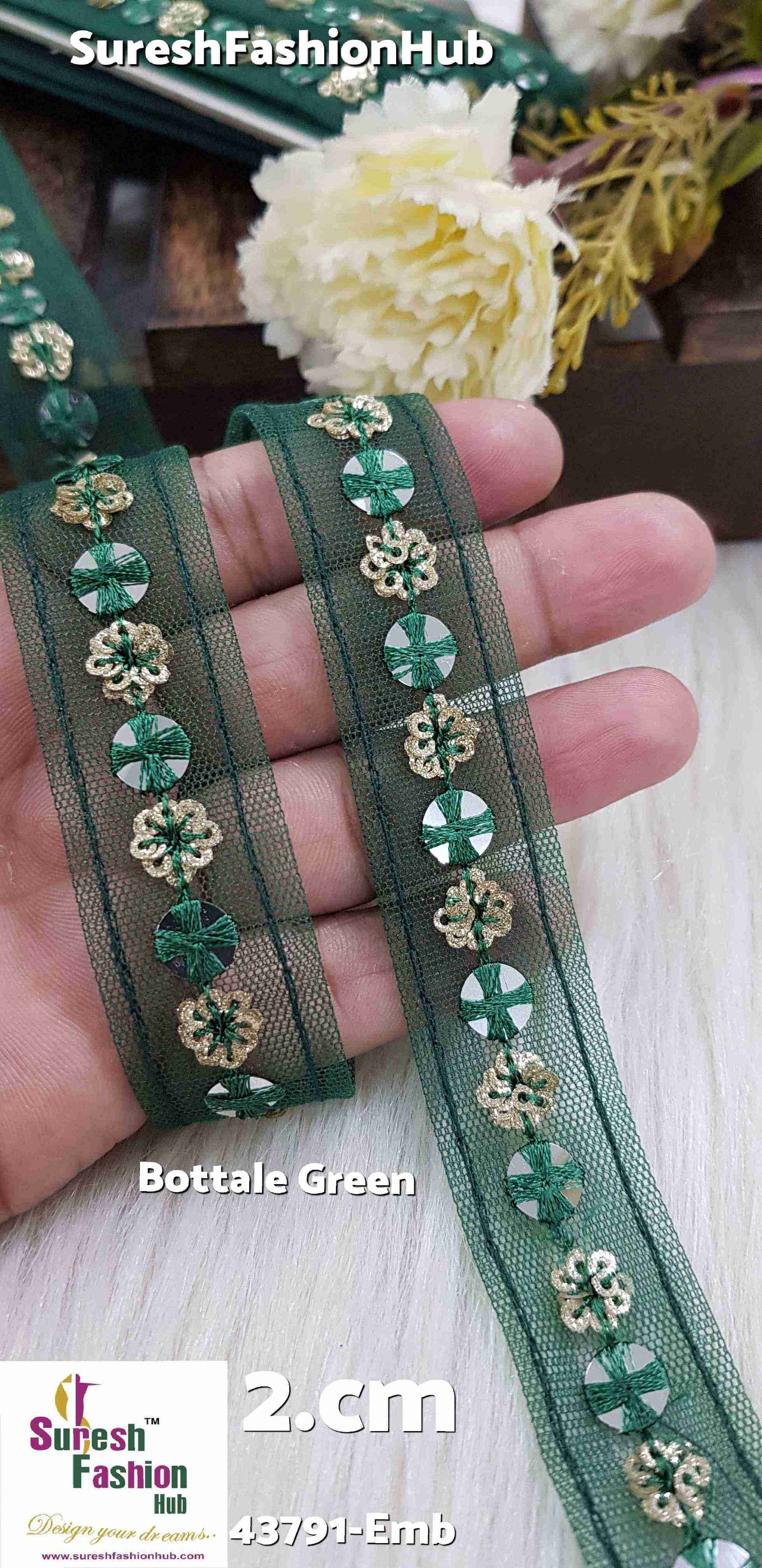 Bottle Green Embellished Floral Lace Trim