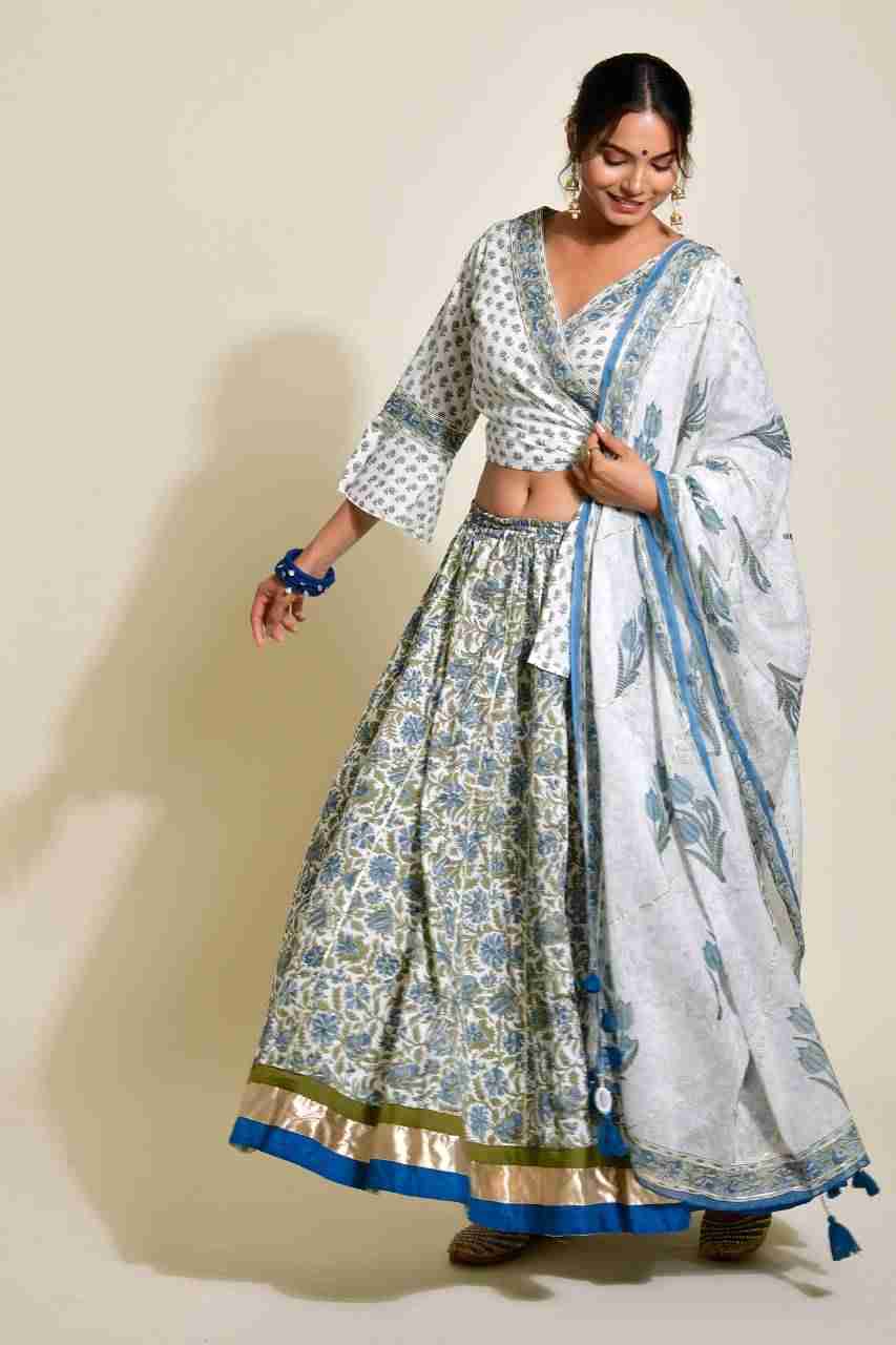 Naksh White and Blue Cotton Skirt, Top, Mulmul Dupatta (Set ot 3)