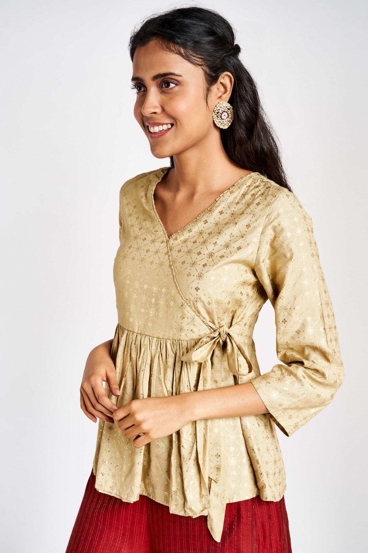 Global Desi | Sustainable Beige Embroidered V-Neck Top 0