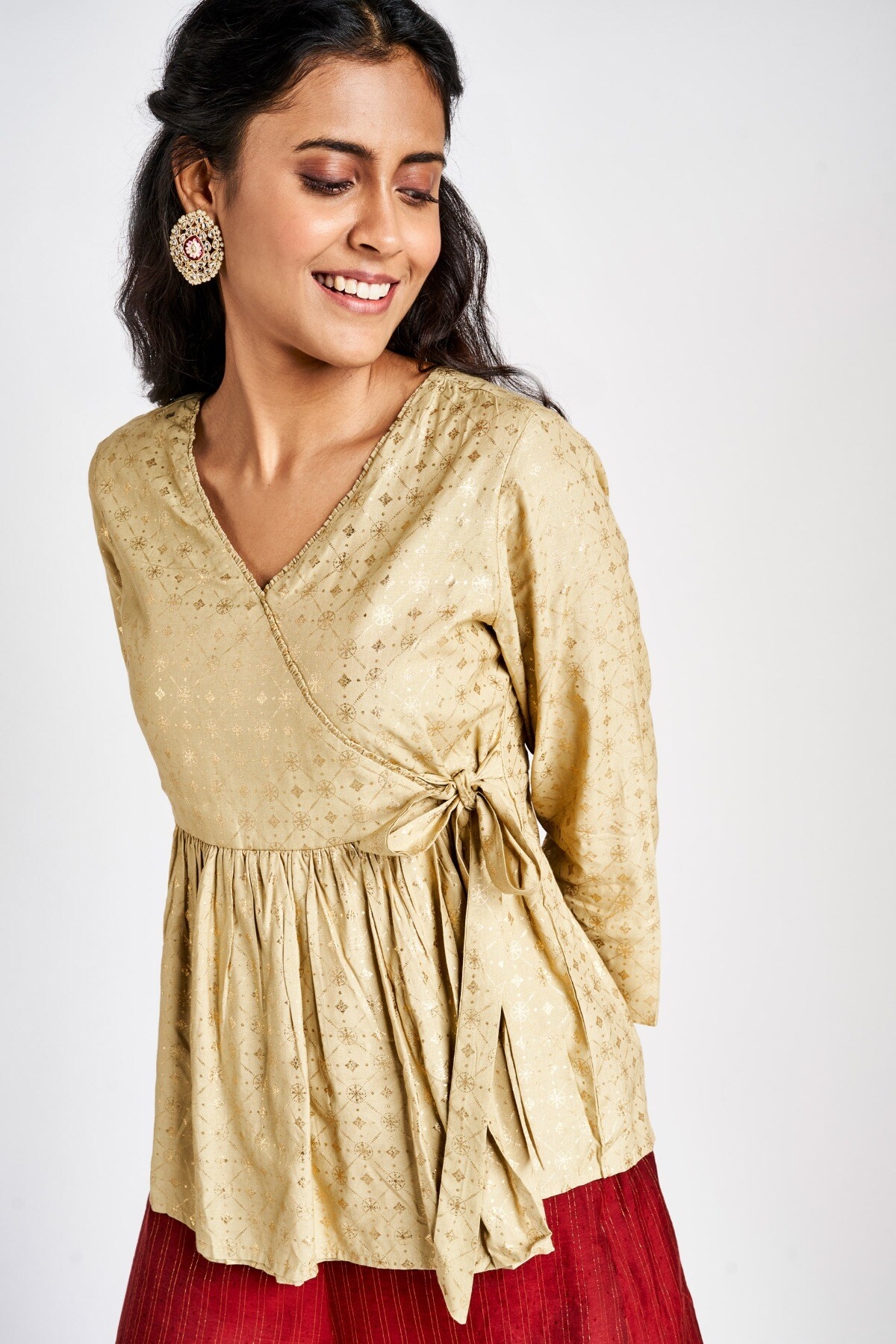 Global Desi | Sustainable Beige Embroidered V-Neck Top 2