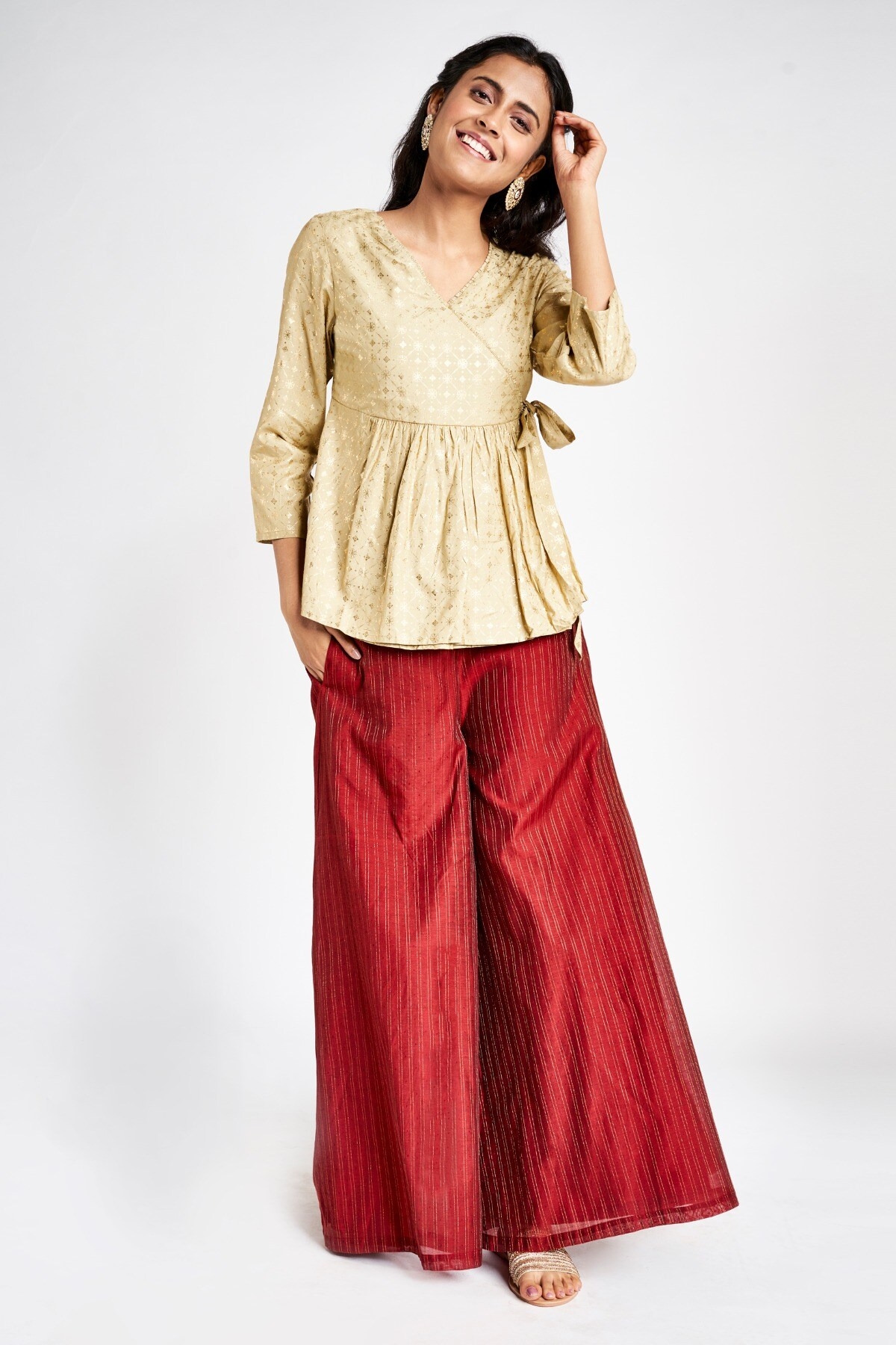 Global Desi | Sustainable Beige Embroidered V-Neck Top 3