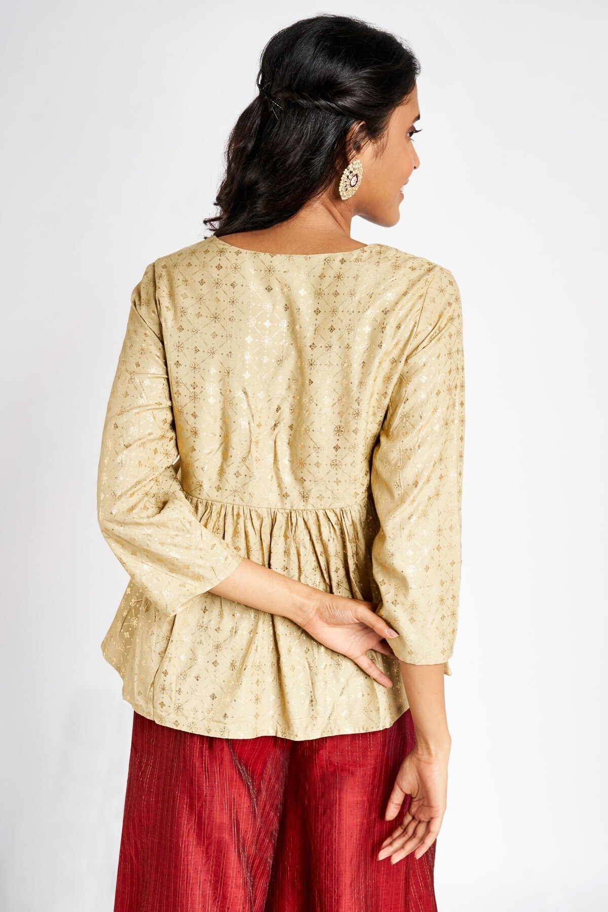 Global Desi | Sustainable Beige Embroidered V-Neck Top 5