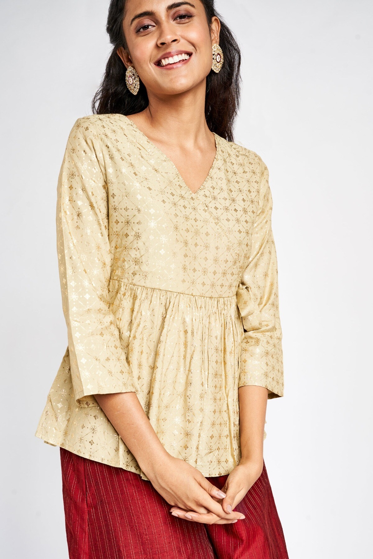 Global Desi | Sustainable Beige Embroidered V-Neck Top 6