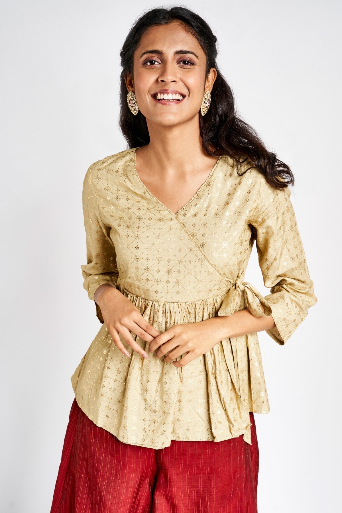 Global Desi | Sustainable Beige Embroidered V-Neck Top 7