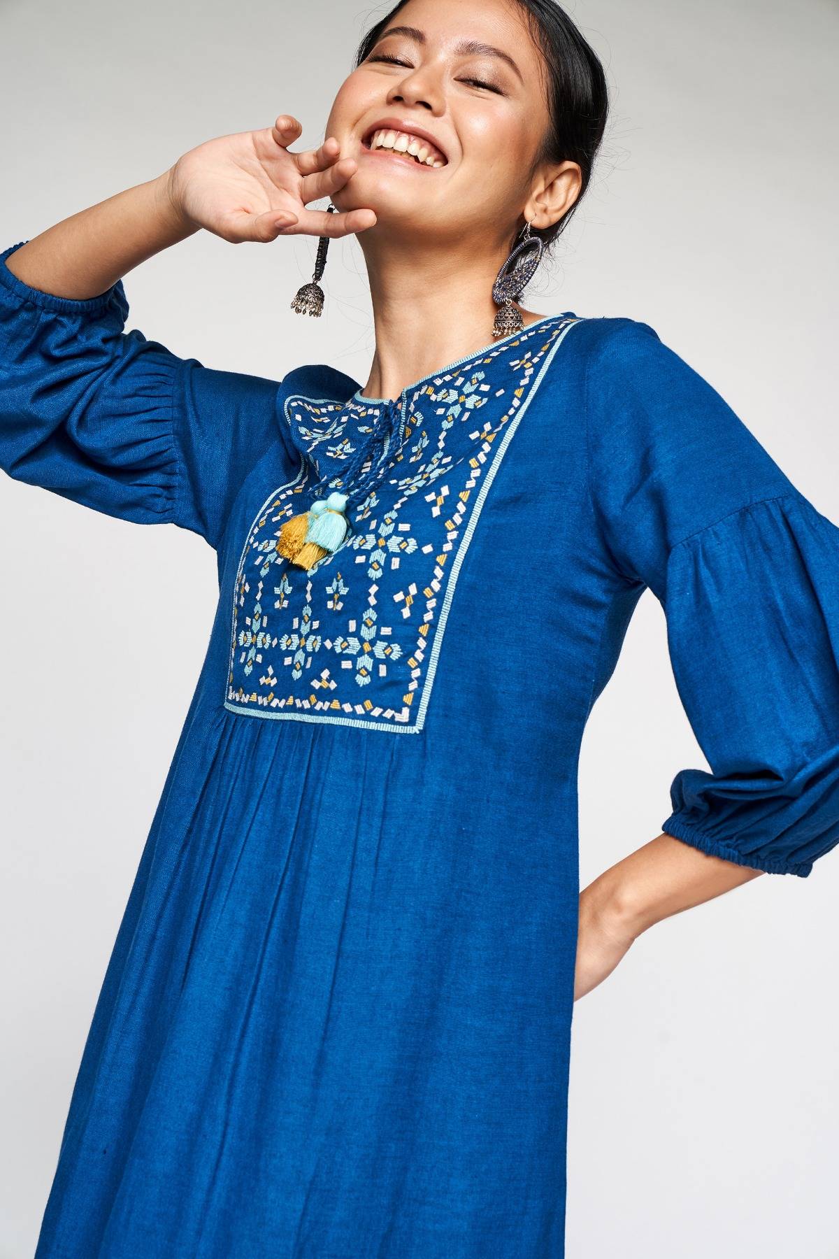 Midnight Blue Embroidered Fit and Flare Dress