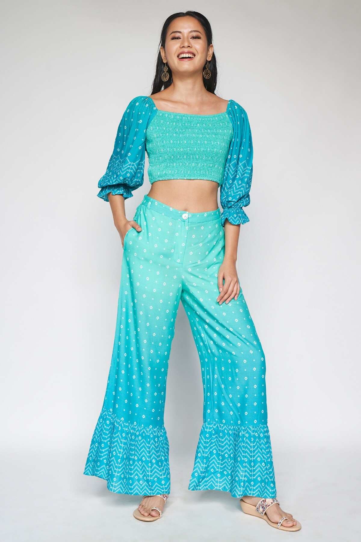 Aqua Pleated Fit and Flare Stitched Saree