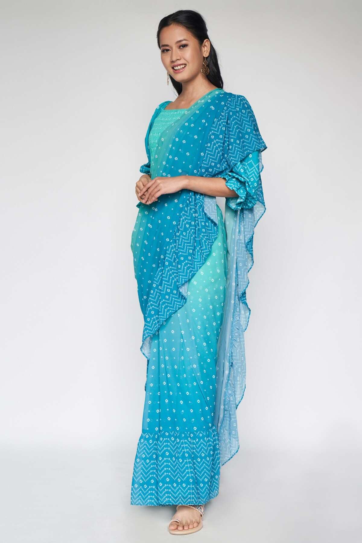 Aqua Pleated Fit and Flare Stitched Saree