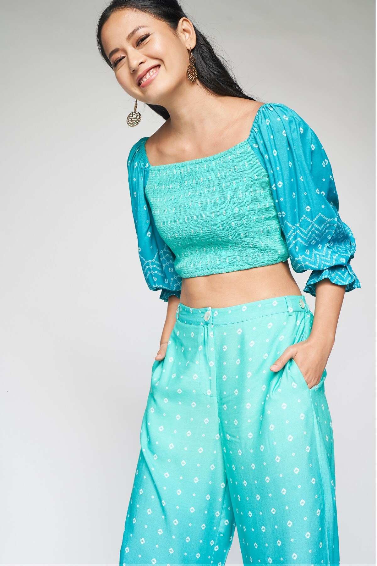 Aqua Pleated Fit and Flare Stitched Saree