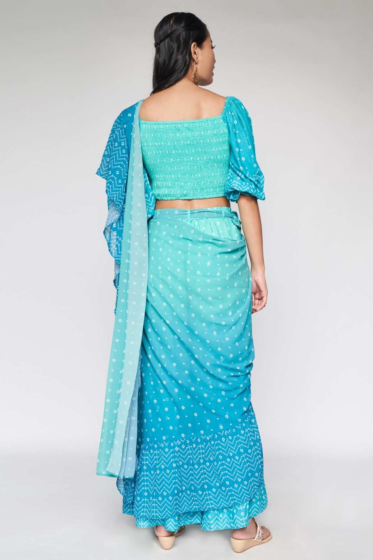 Aqua Pleated Fit and Flare Stitched Saree