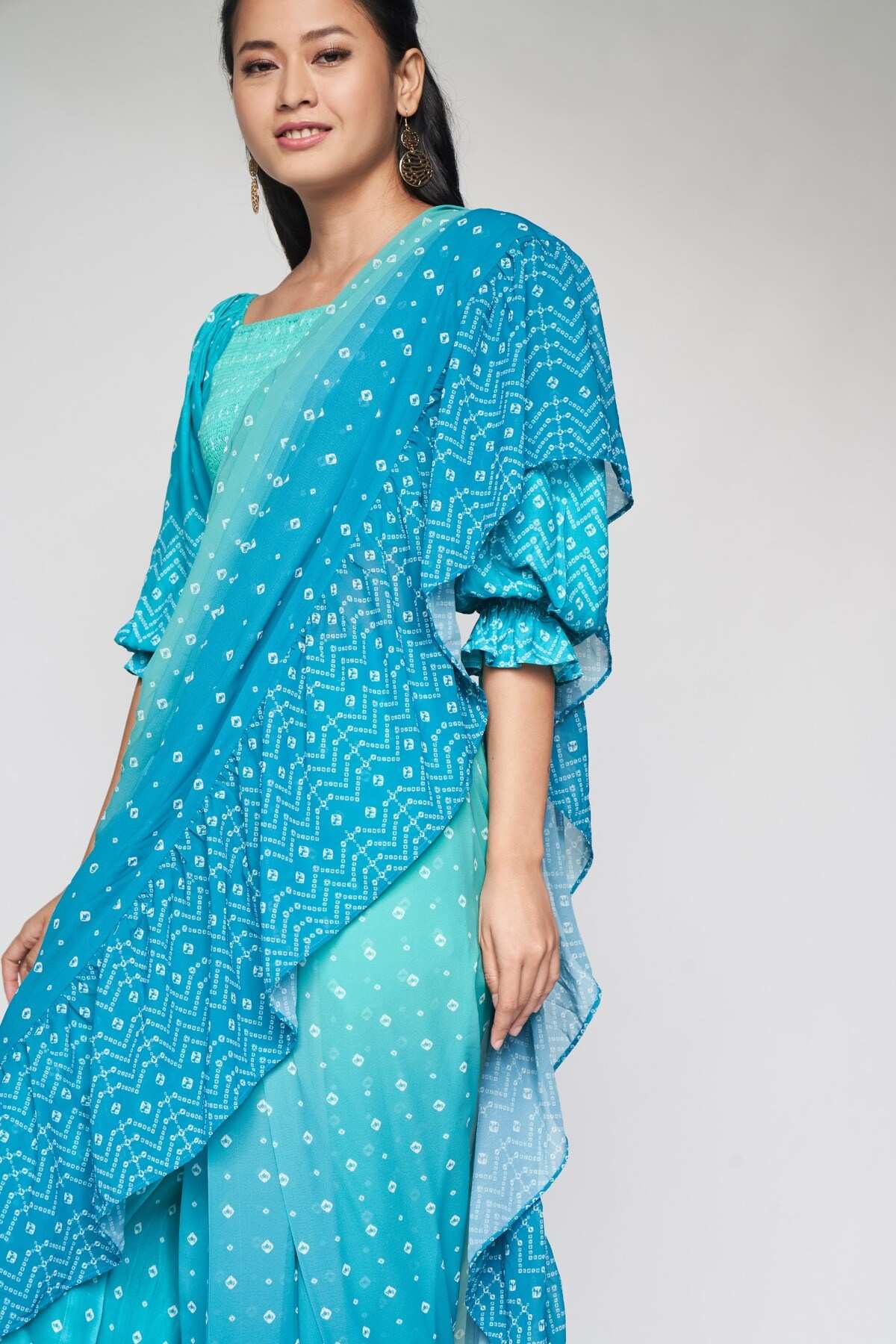 Aqua Pleated Fit and Flare Stitched Saree