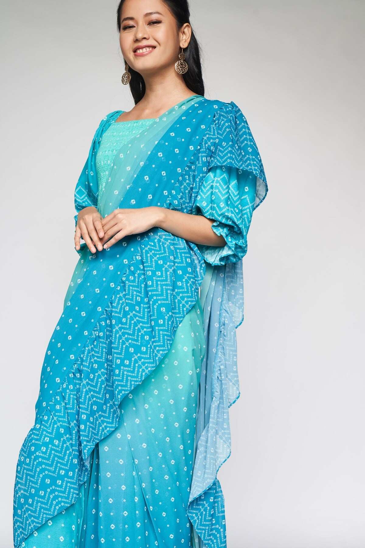 Aqua Pleated Fit and Flare Stitched Saree