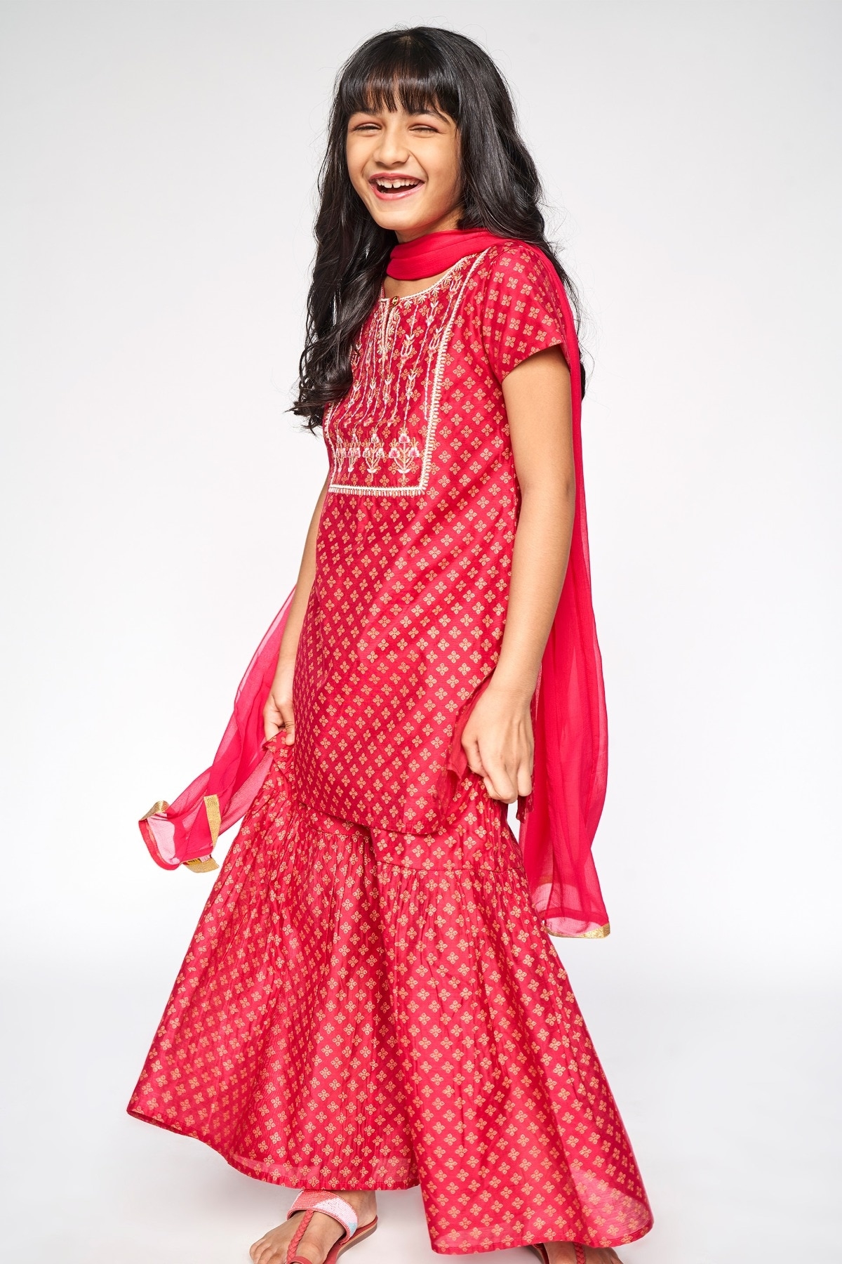 Global Desi | Hot Pink Embroidered Straight Suit 0