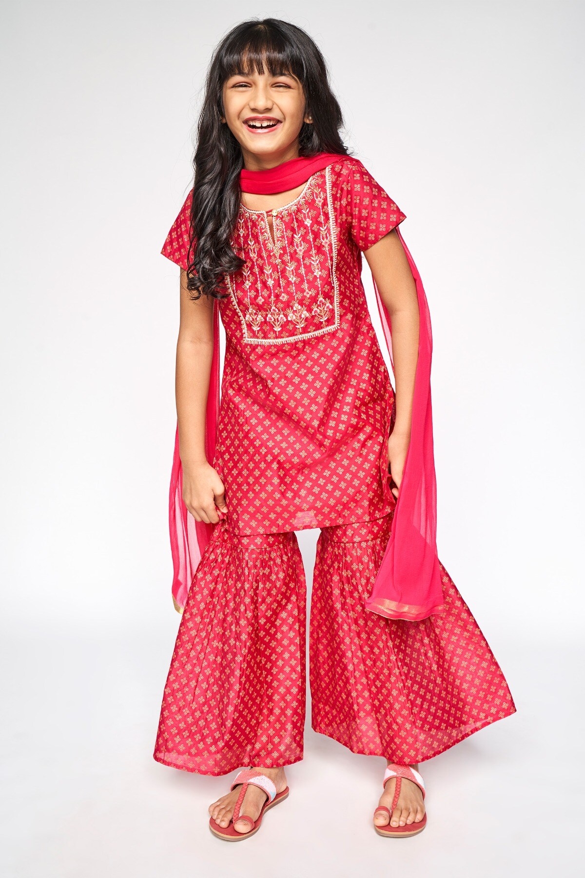 Global Desi | Hot Pink Embroidered Straight Suit 1