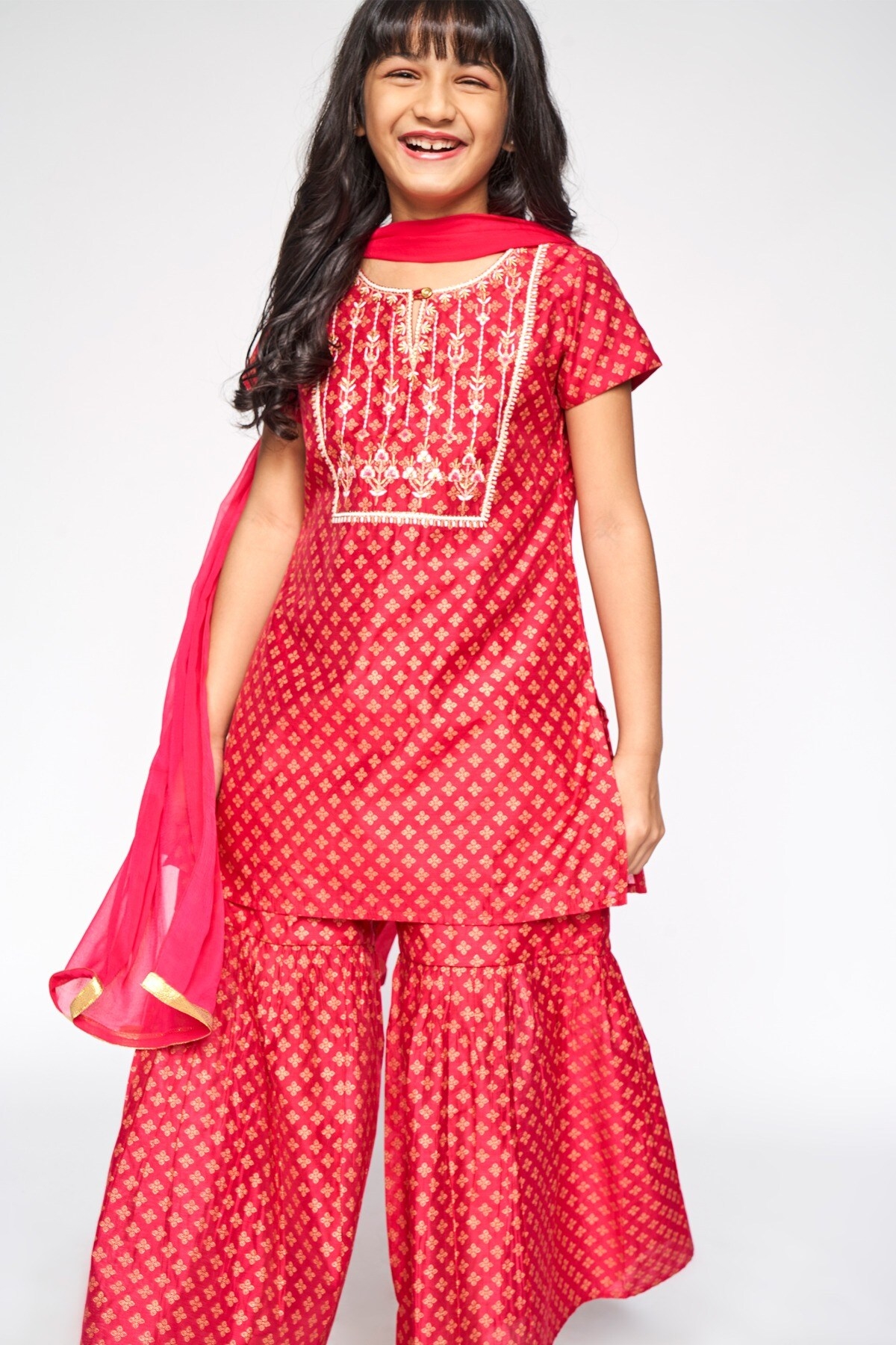 Global Desi | Hot Pink Embroidered Straight Suit 4