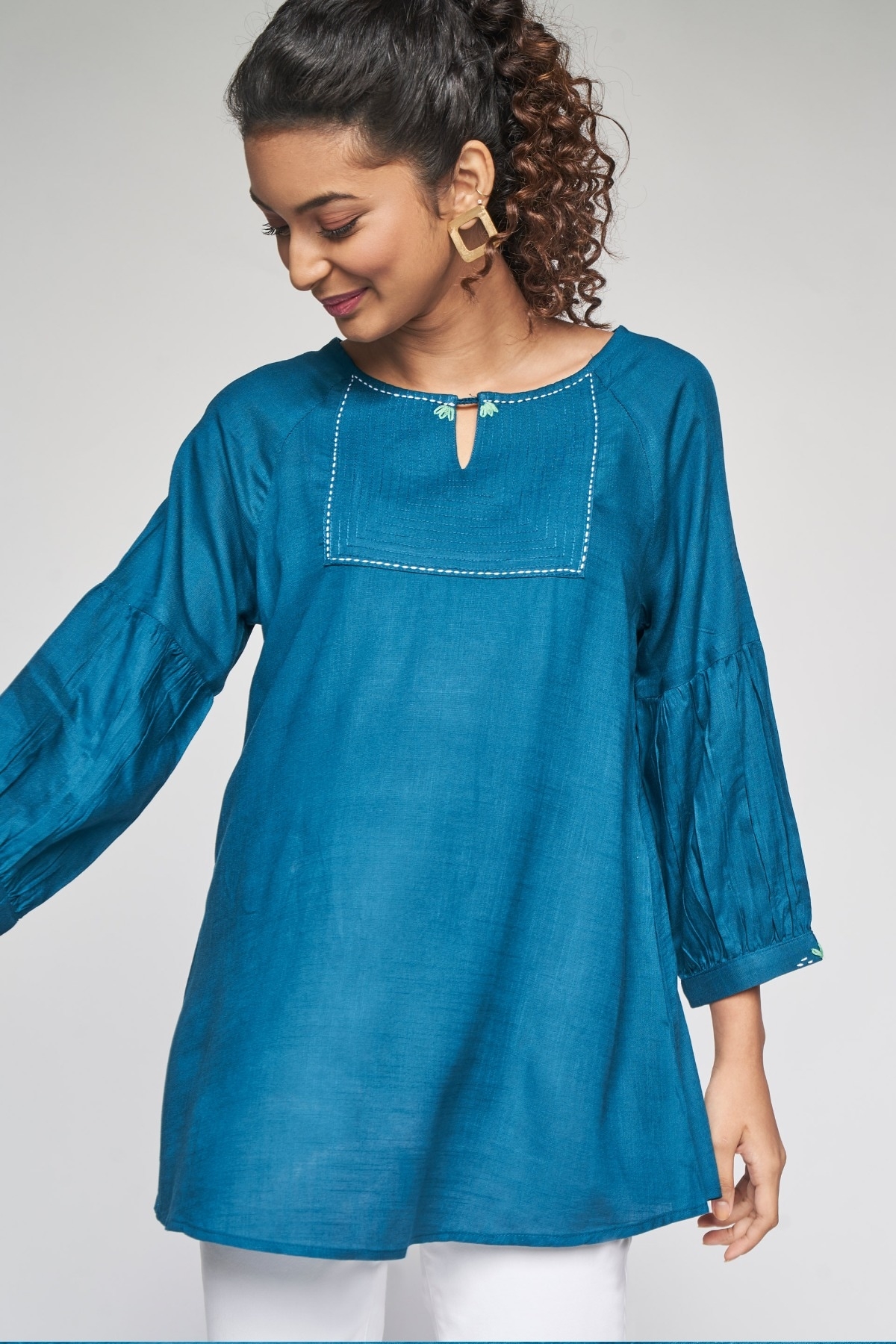 Global Desi | Teal Embroidered Fit and Flare Top 0