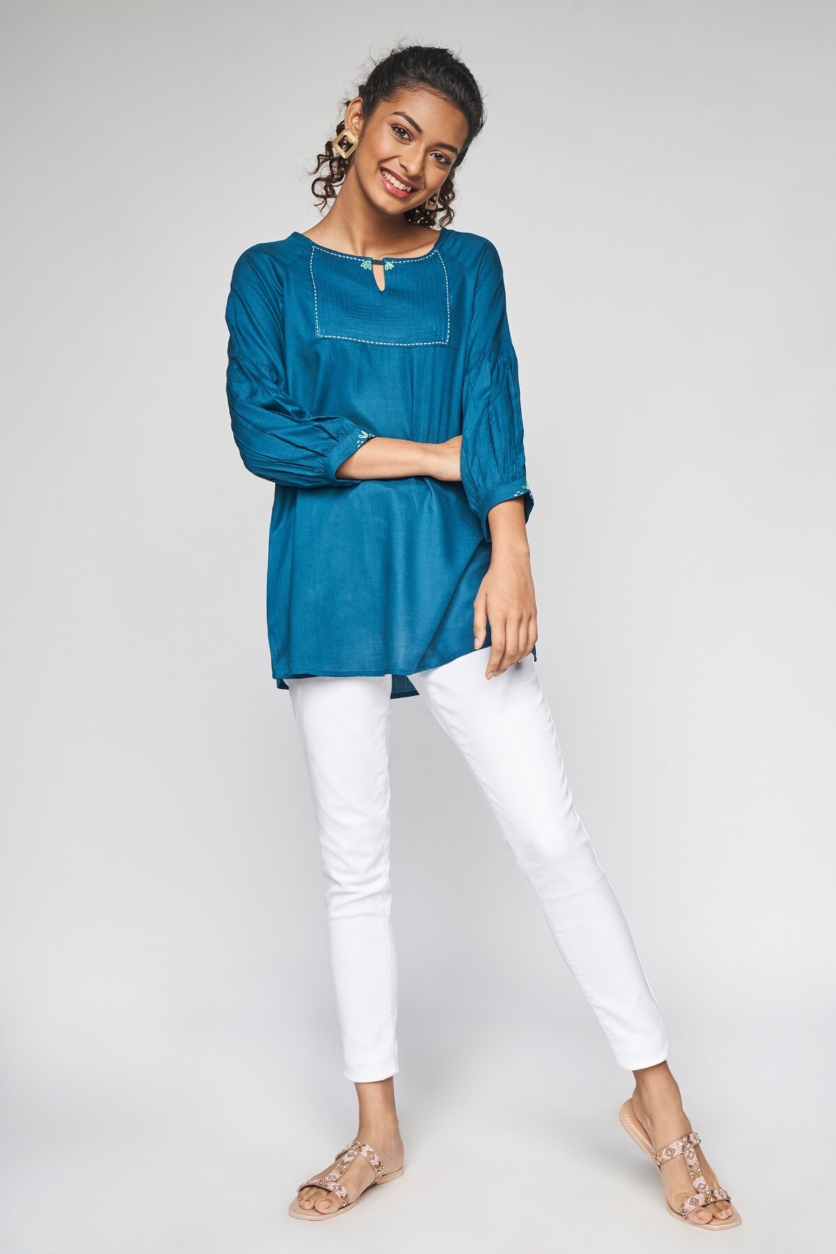 Global Desi | Teal Embroidered Fit and Flare Top 1