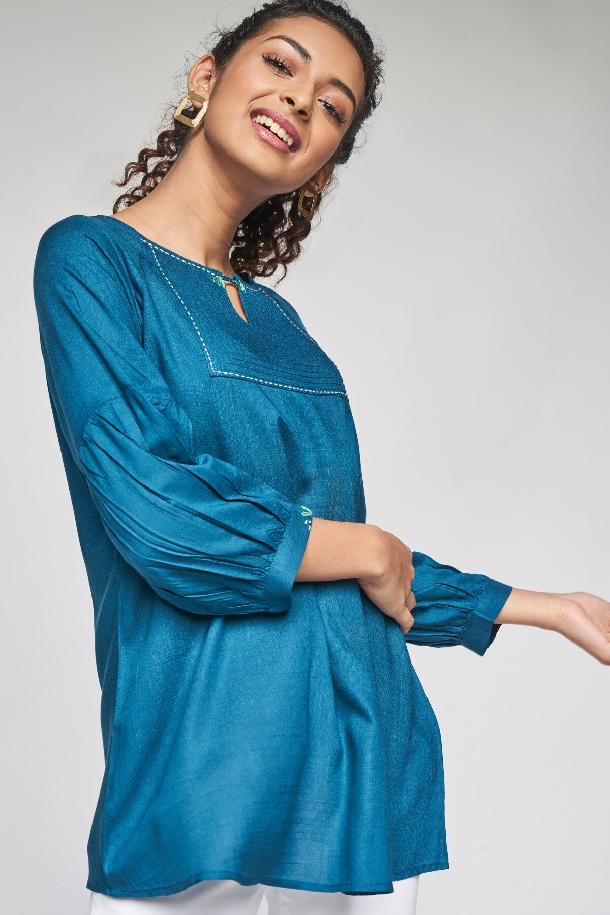 Global Desi | Teal Embroidered Fit and Flare Top 2