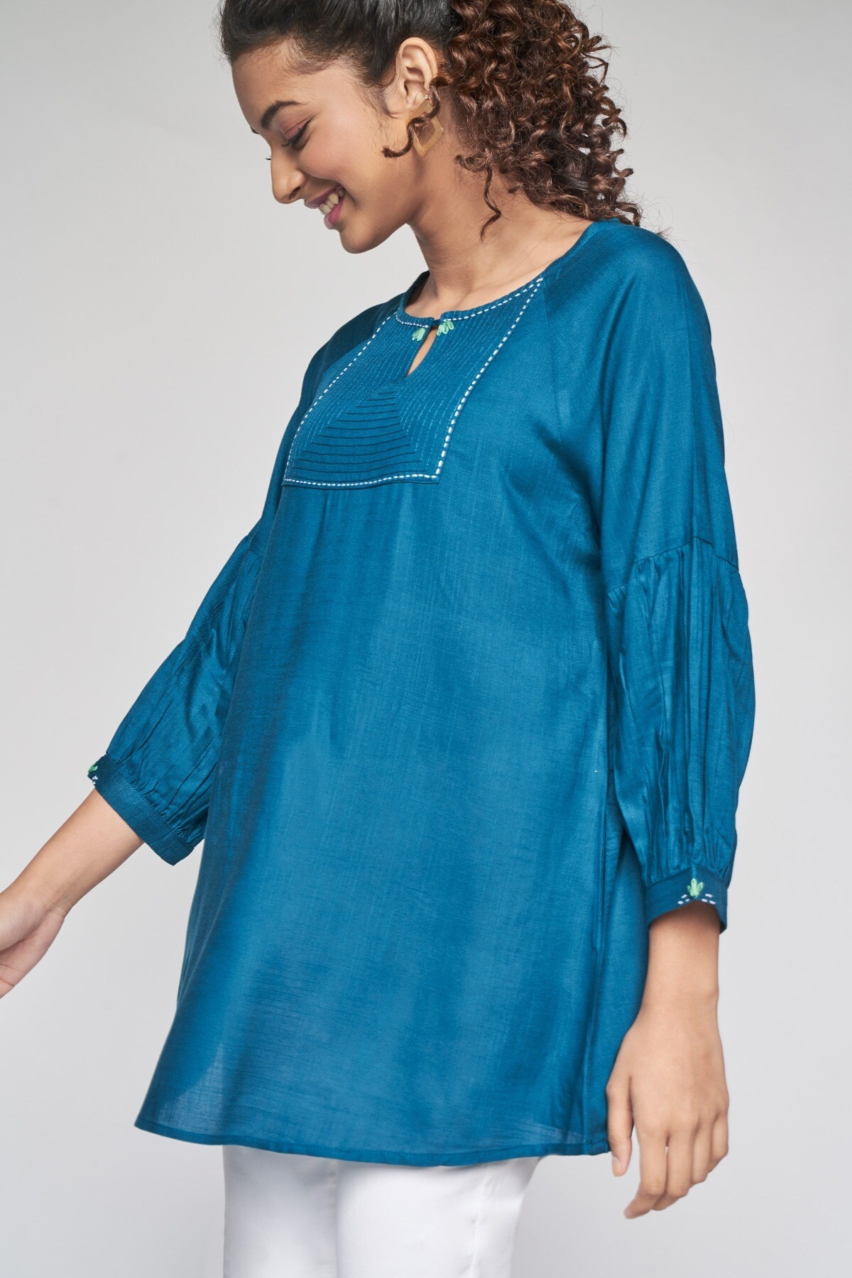Global Desi | Teal Embroidered Fit and Flare Top 3