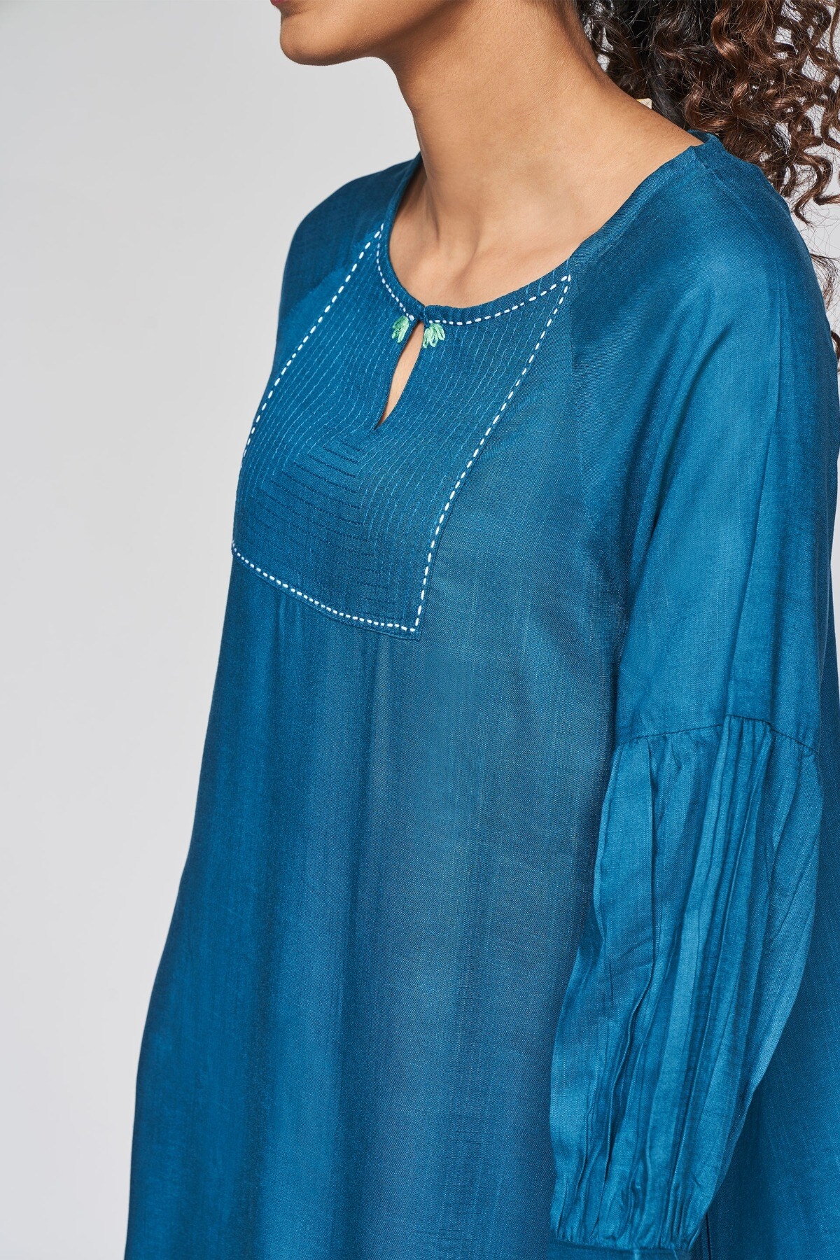 Global Desi | Teal Embroidered Fit and Flare Top 5