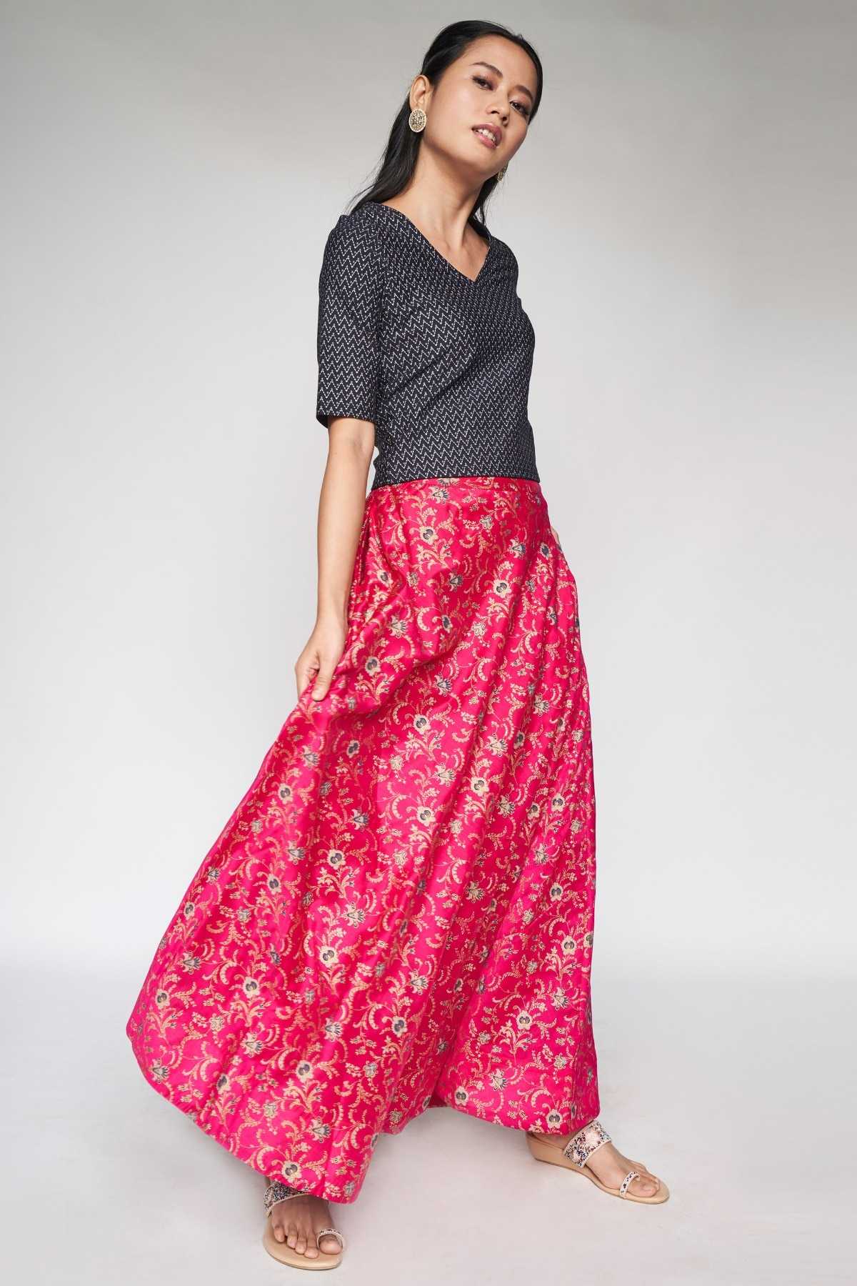 Hot Pink Ethnic Motifs Flared Skirt
