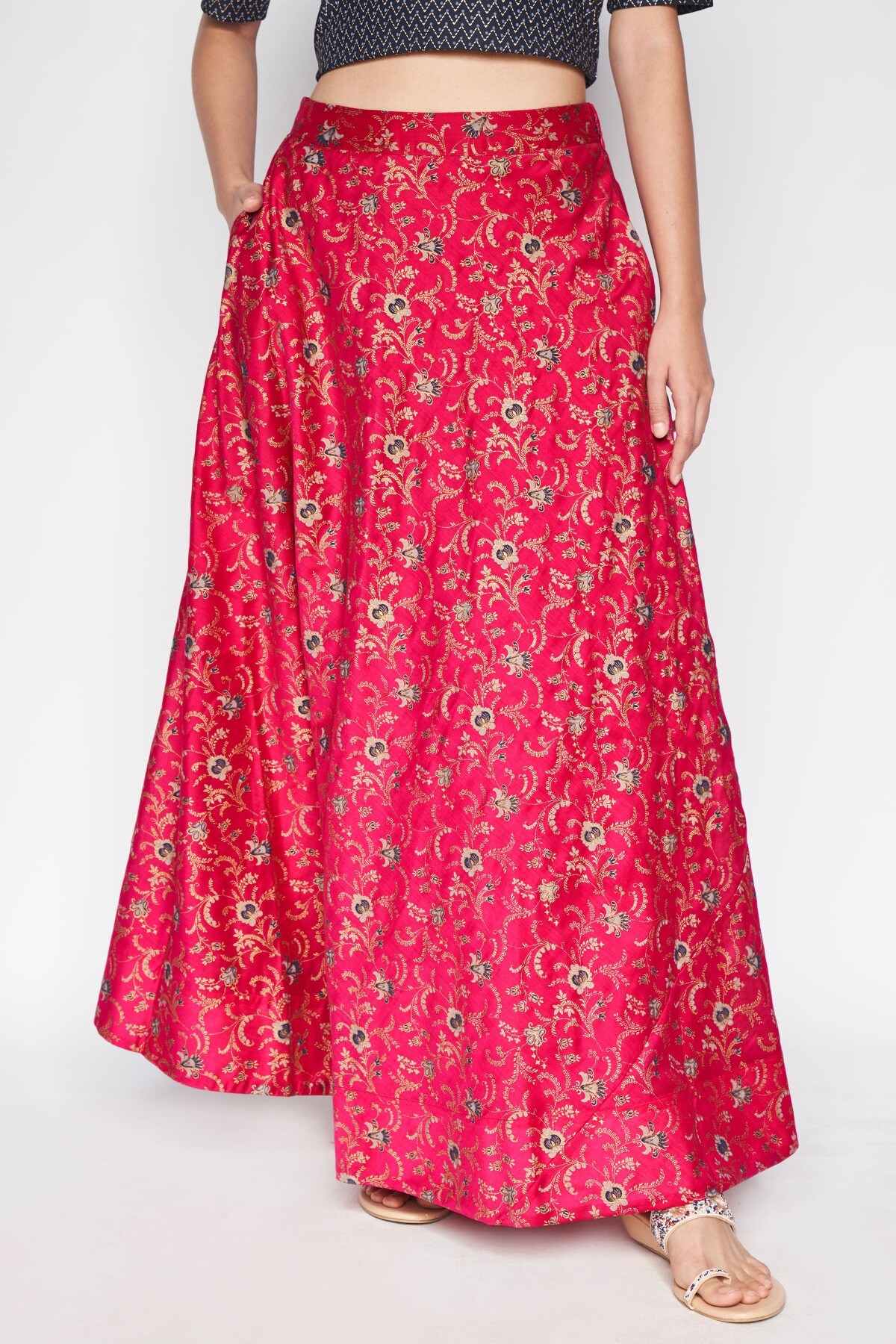 Hot Pink Ethnic Motifs Flared Skirt