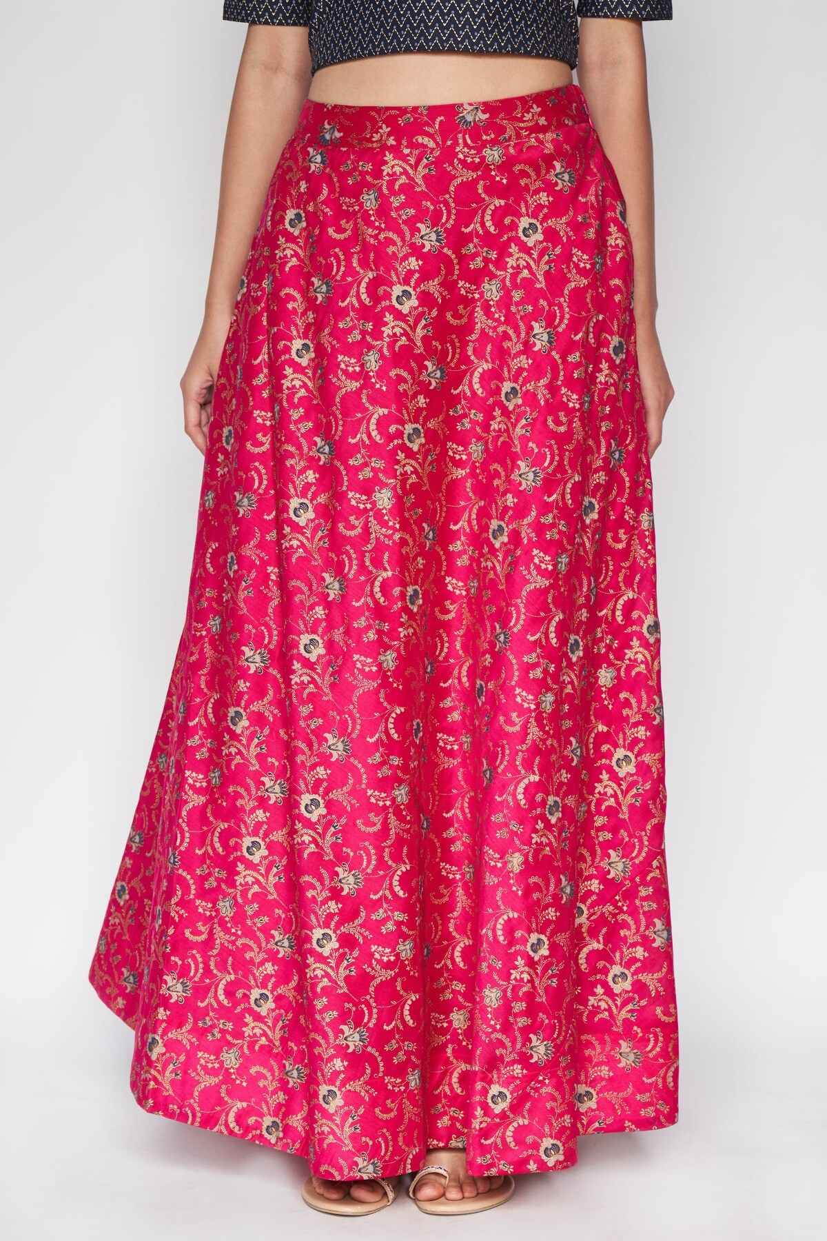 Hot Pink Ethnic Motifs Flared Skirt