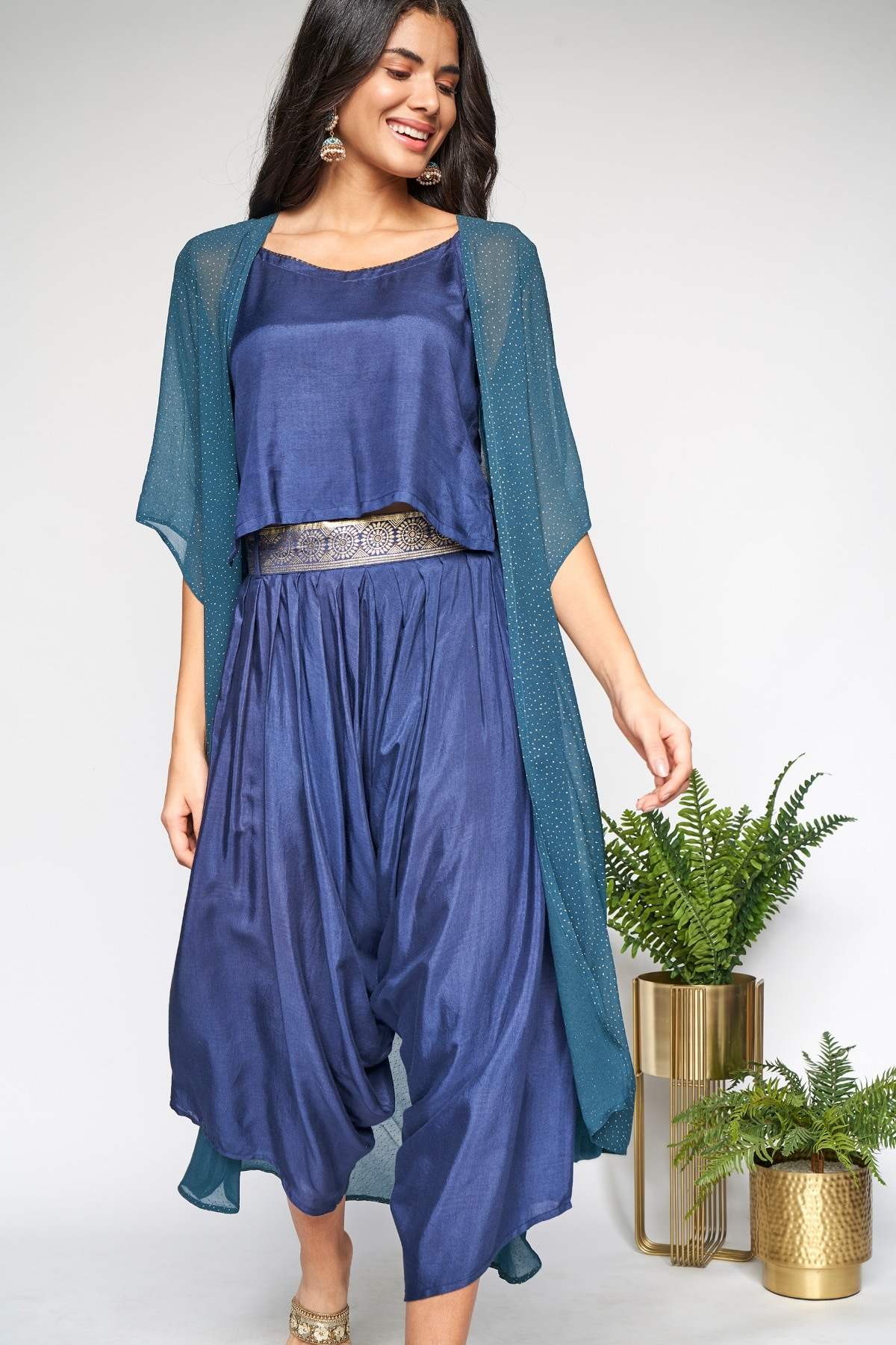 Indigo Regular Top Dhoti With Overlay Set