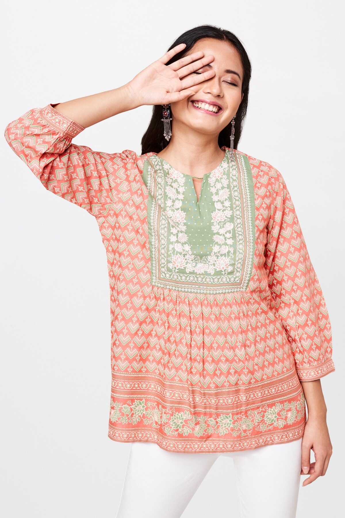 Global Desi | Pink Floral Round Neck Fit and Flare Top 1