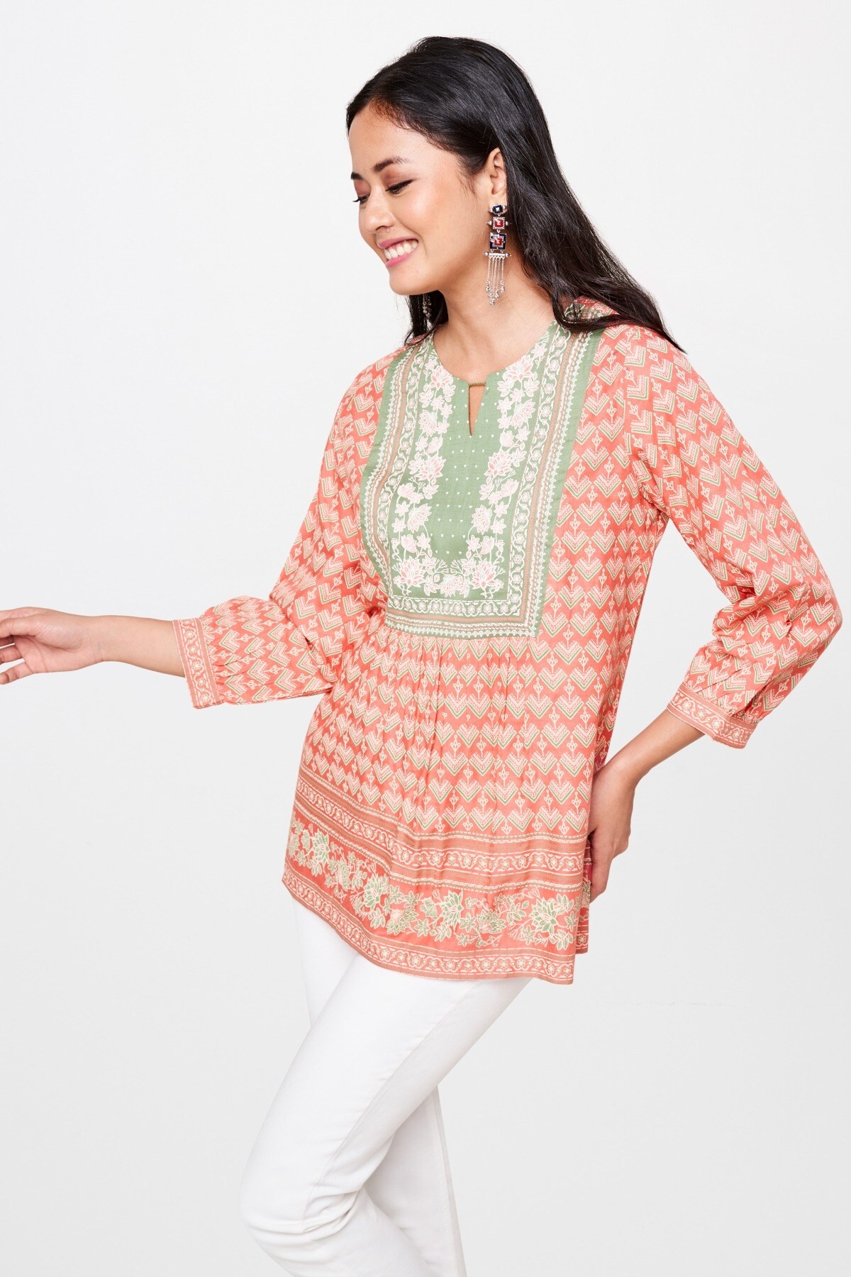 Global Desi | Pink Floral Round Neck Fit and Flare Top 3